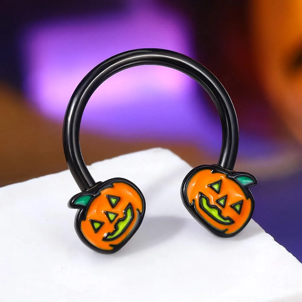 16G Orange & Black Jack-O'-Lantern Horseshoe Ring