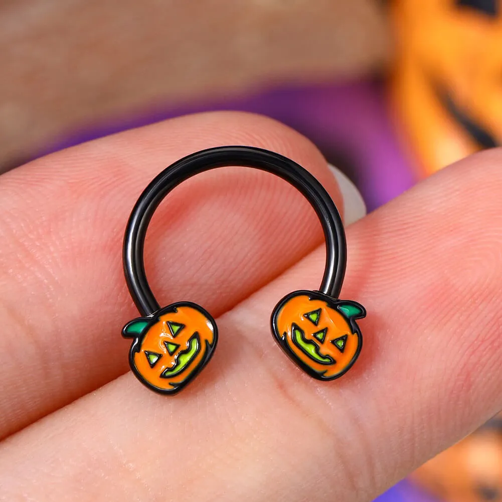 16G Orange & Black Jack-O'-Lantern Horseshoe Ring