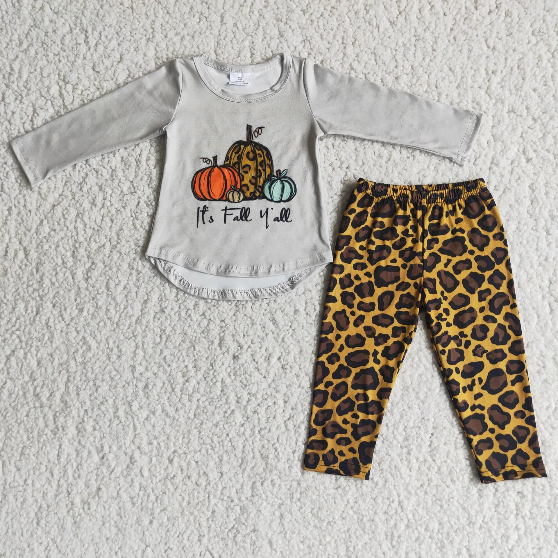 6 A26-1 girl halloween pumpkin grey top it's fall yall leopard set-promotion 2023.9.4