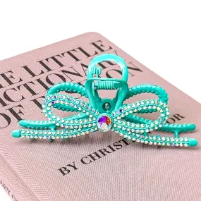 AB Crystal Embellished Ribbon Shaped Metal Hair Clip in Turquoise Blue