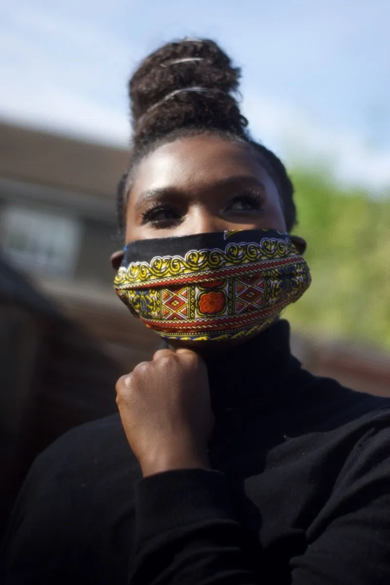 African Face Mask in Black and Yellow Dashiki