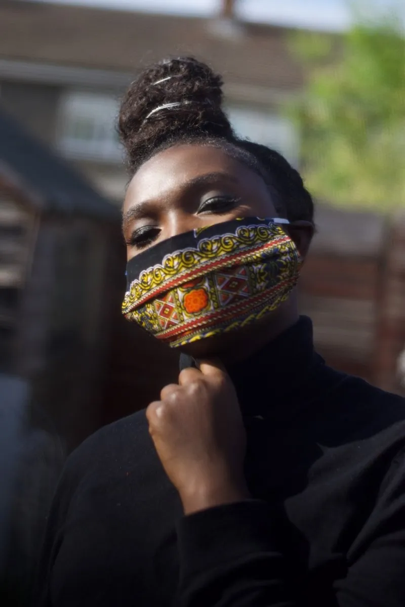 African Face Mask in Black and Yellow Dashiki