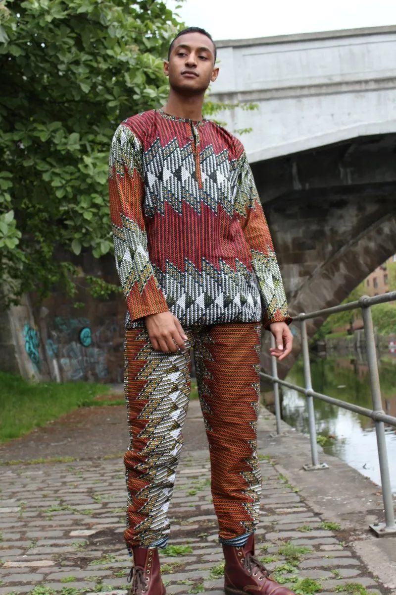 African Suit in Orange Red Print - Aztec Festival Outfit