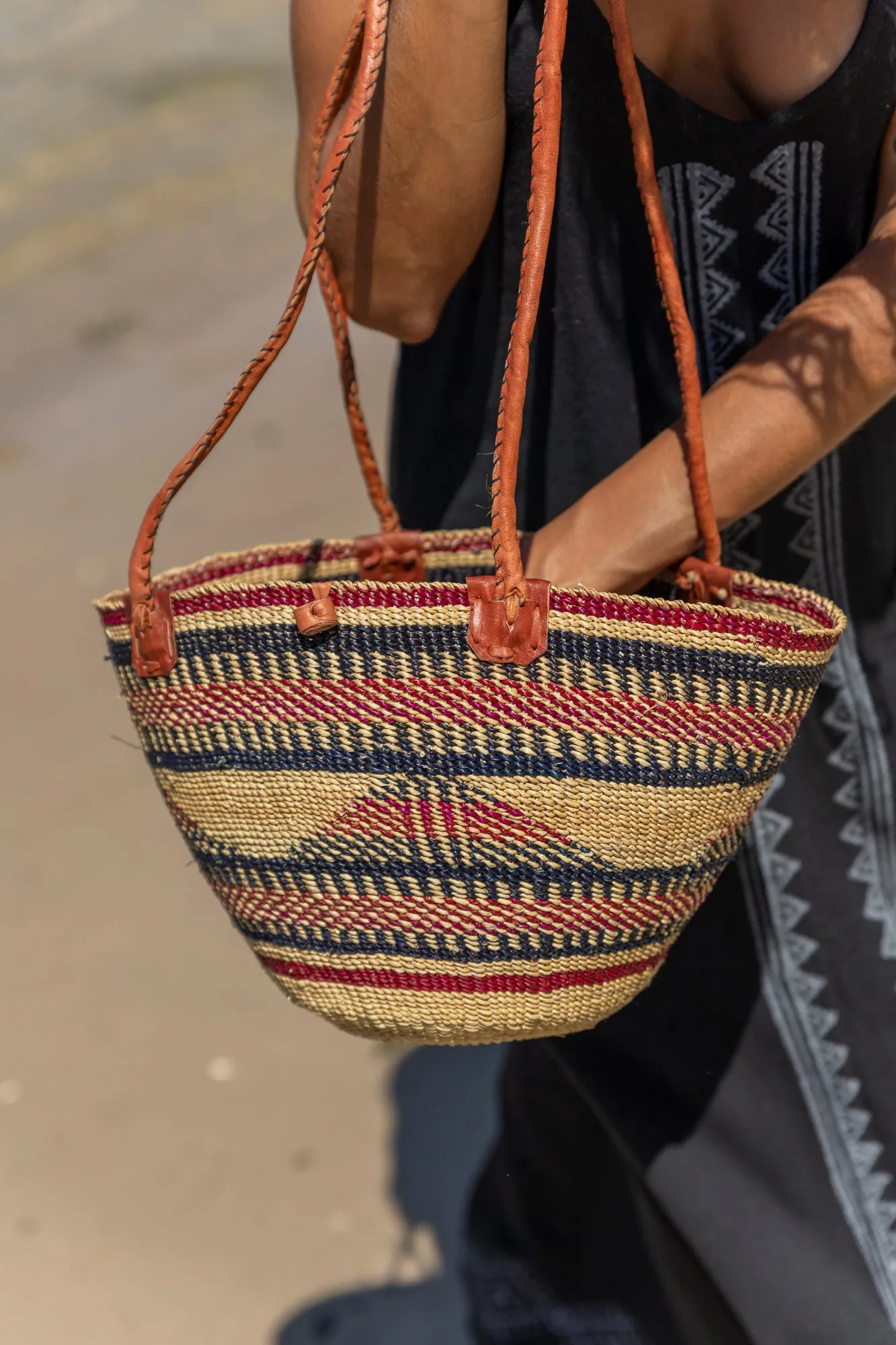 African Woven Basket in Red Dark Blue - Wholesale