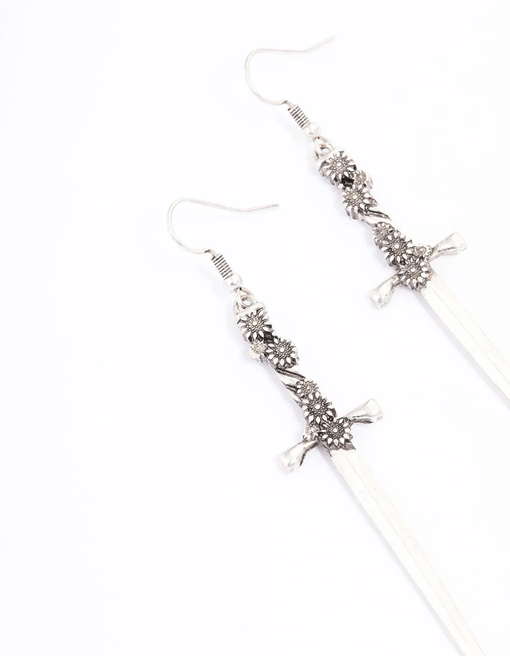 Antique Silver Floral Sword Drop Earrings