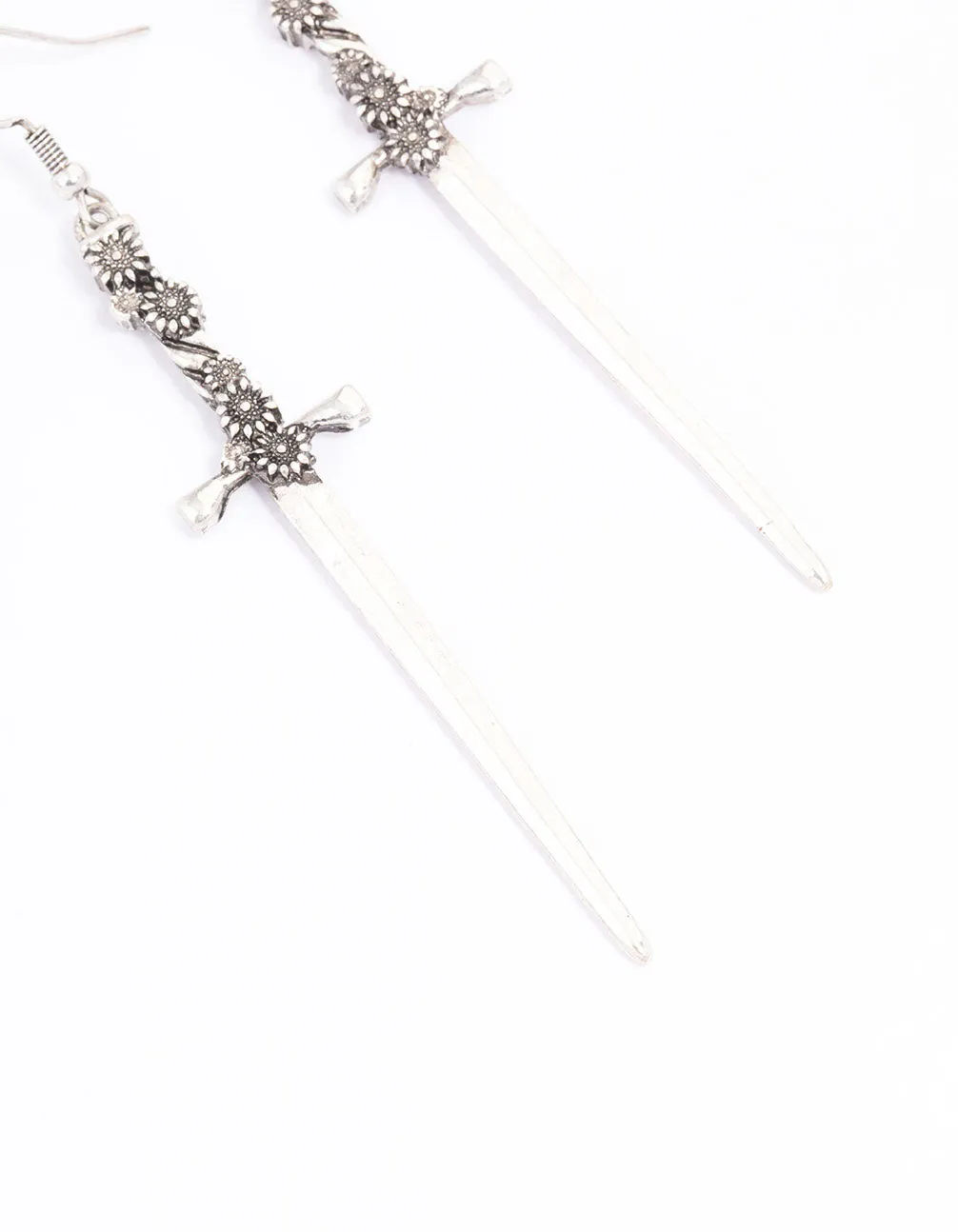 Antique Silver Floral Sword Drop Earrings