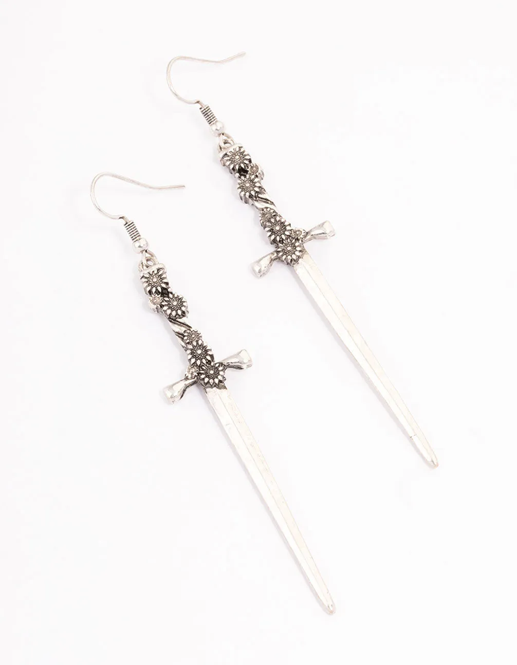 Antique Silver Floral Sword Drop Earrings