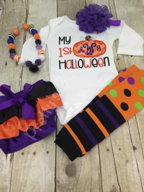 Baby 1st Halloween bodysuit or shirt - My 1st Halloween outfit bodysuit or shirt, necklace, bloomer, headband and legwarmers. Monogram perso