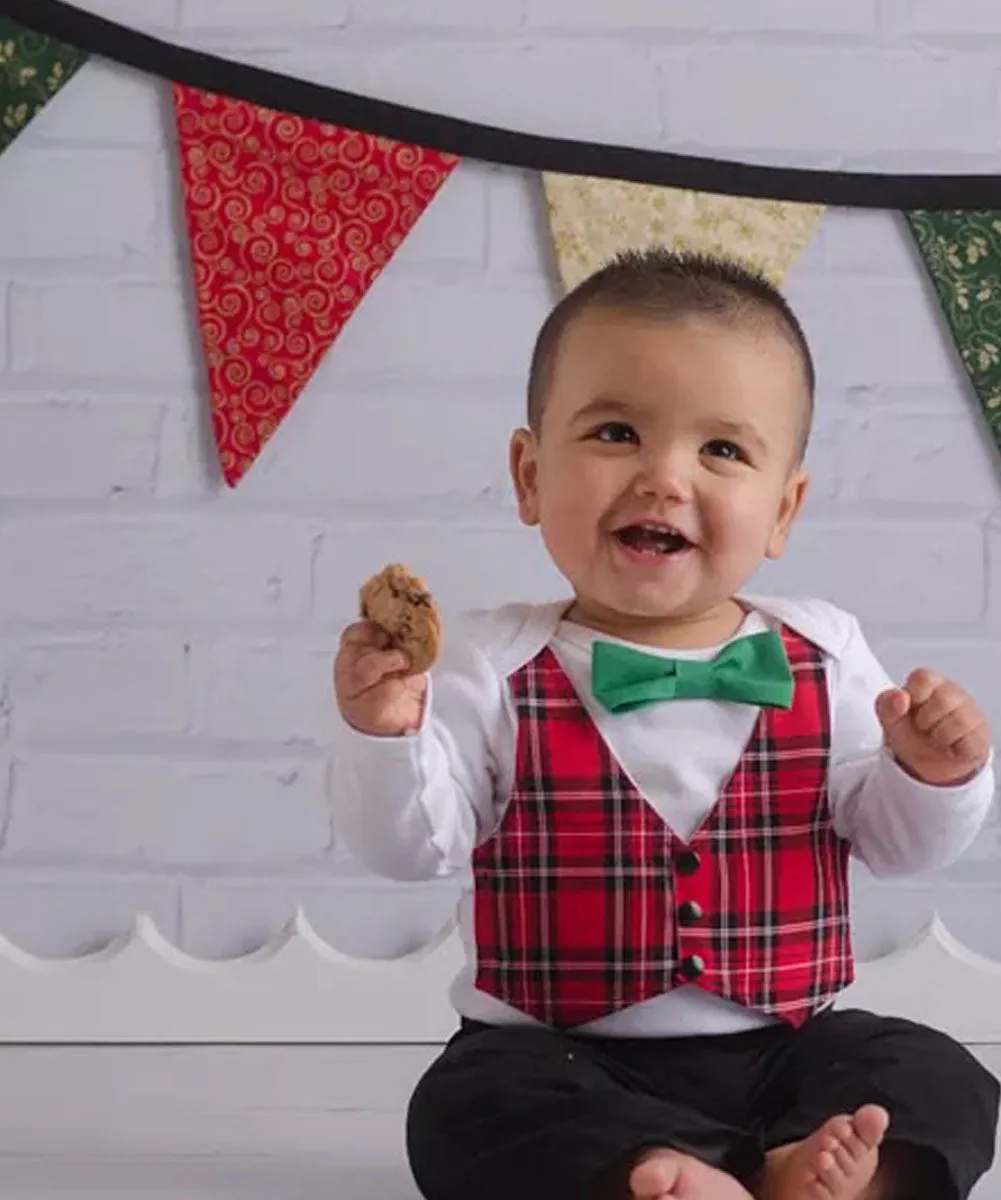 Baby Boy Christmas Outfit with Plaid Tartan Vest and Green Bow Tie