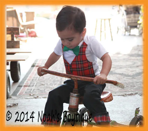 Baby Boy Christmas Outfit with Plaid Tartan Vest and Green Bow Tie