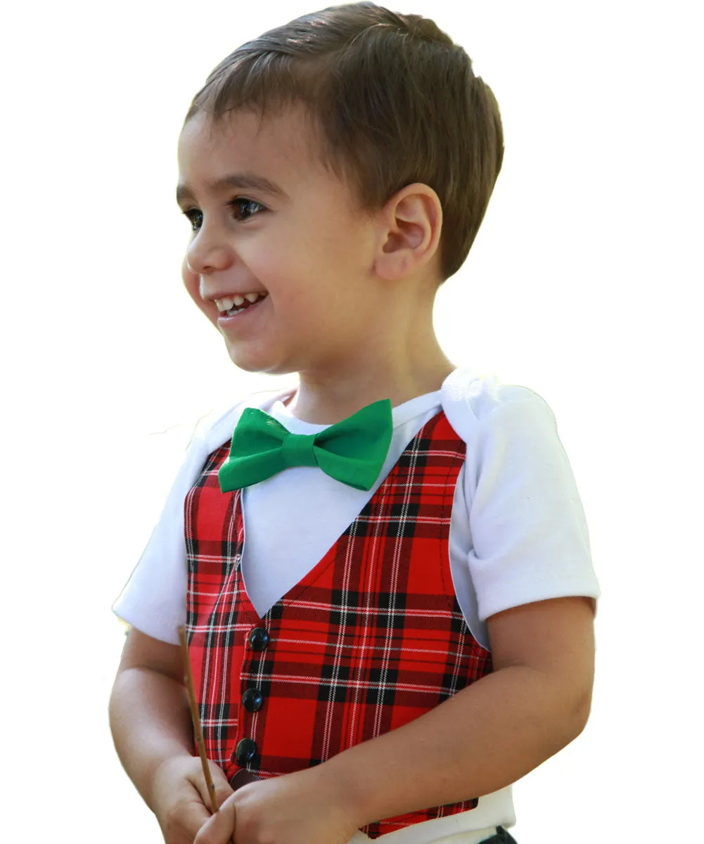 Baby Boy Christmas Outfit with Plaid Tartan Vest and Green Bow Tie