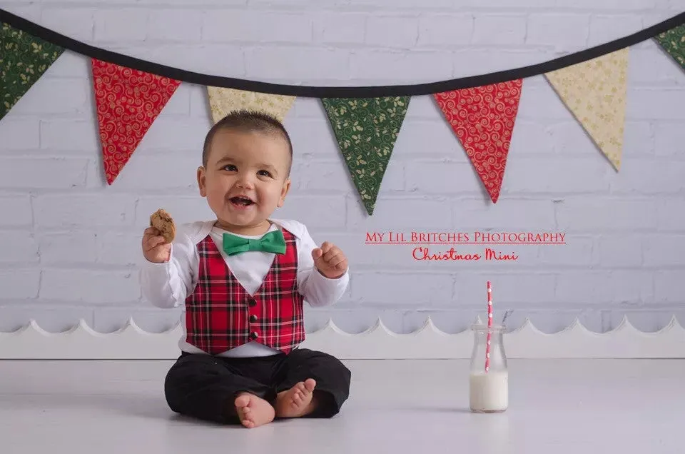 Baby Boy Christmas Outfit with Plaid Tartan Vest and Green Bow Tie