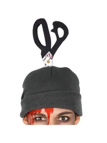 Beanie with scissors thru head