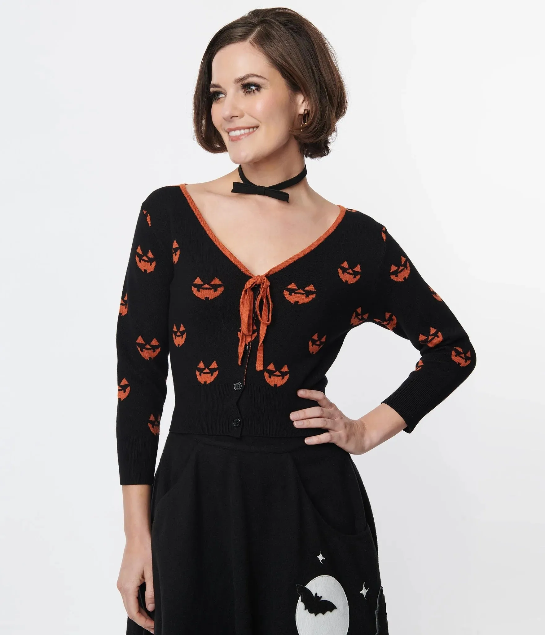 Black and Orange Pumpkin Cropped Cardigan