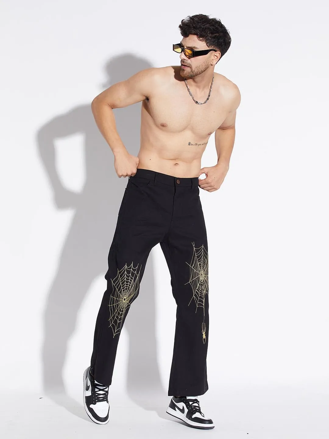 Black Spider Web Flared Pants