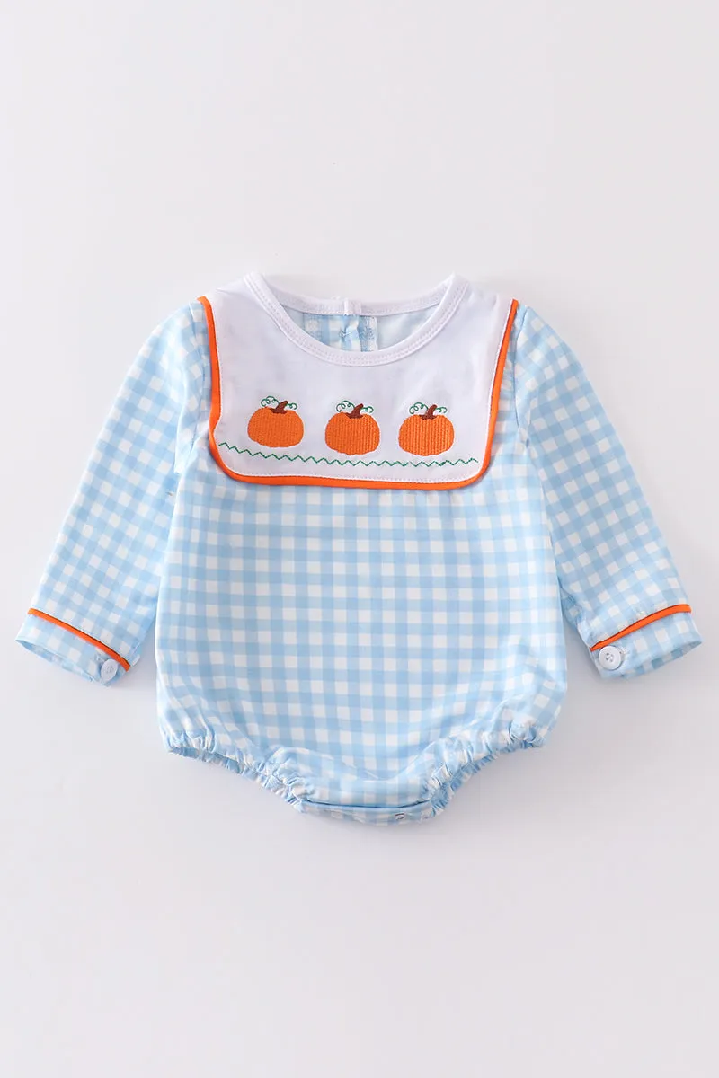 Blue plaid pumpkin embroidery boy bubble