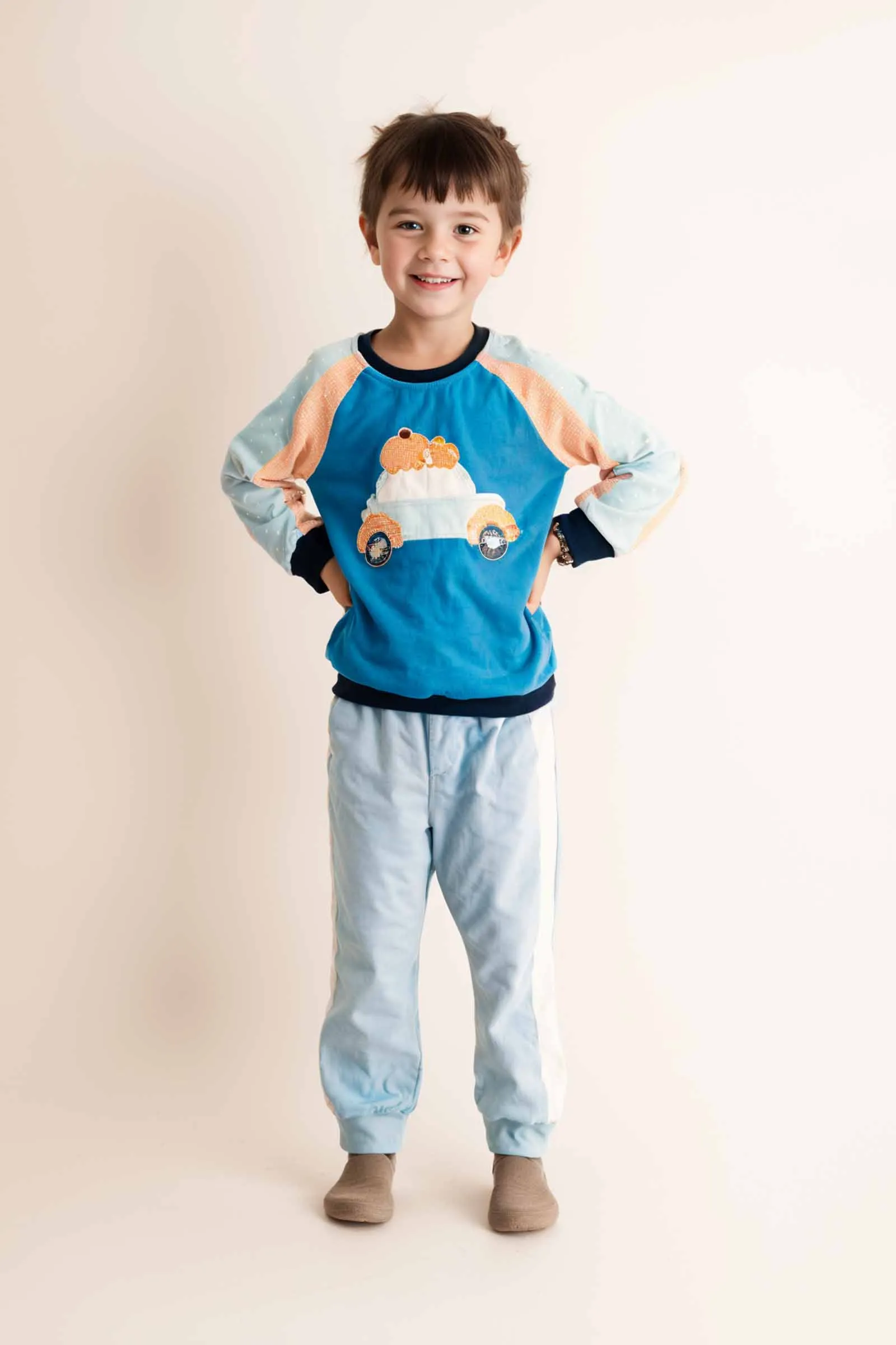 Blue pumpkin car applique boy top