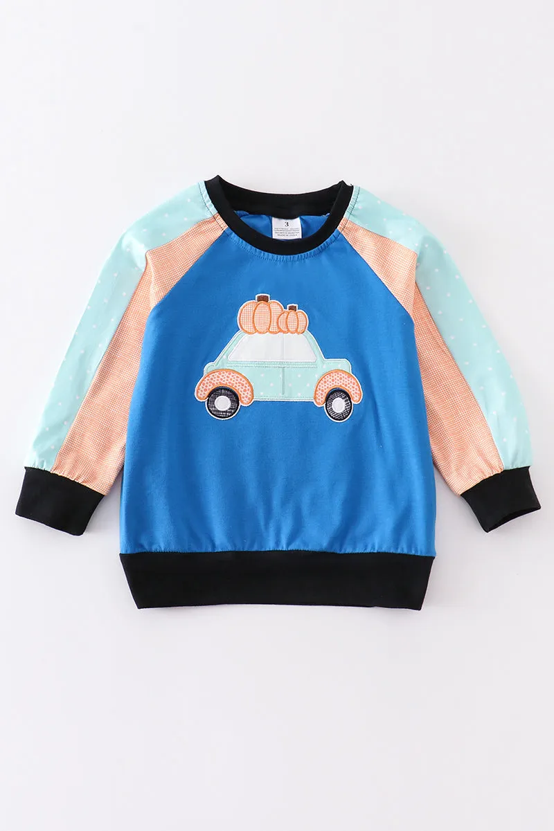 Blue pumpkin car applique boy top