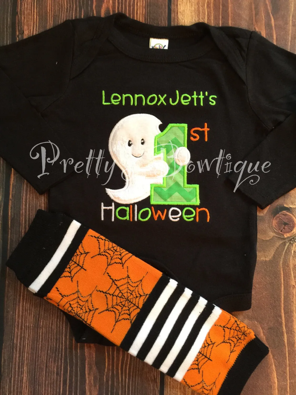 Boys 1st Halloween Outfit with Ghost Bodysuit or T-Shirt and Legwarmers in Sizes 3M to 24 Months