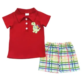 Boys Dino Back to School Red Collar Shirt & Plaid Shorts