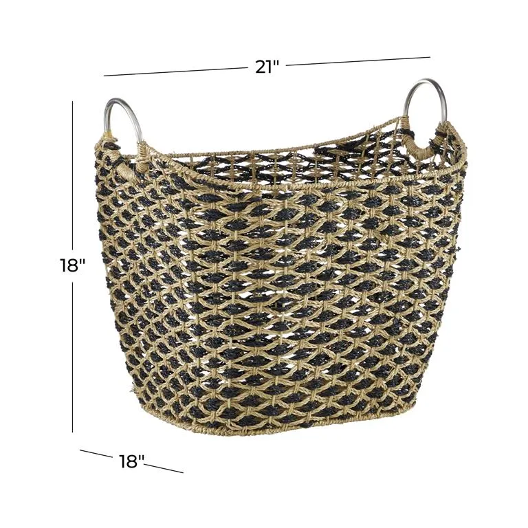 BROWN SEAGRASS HANDMADE STORAGE BASKET WITH HANDLES,