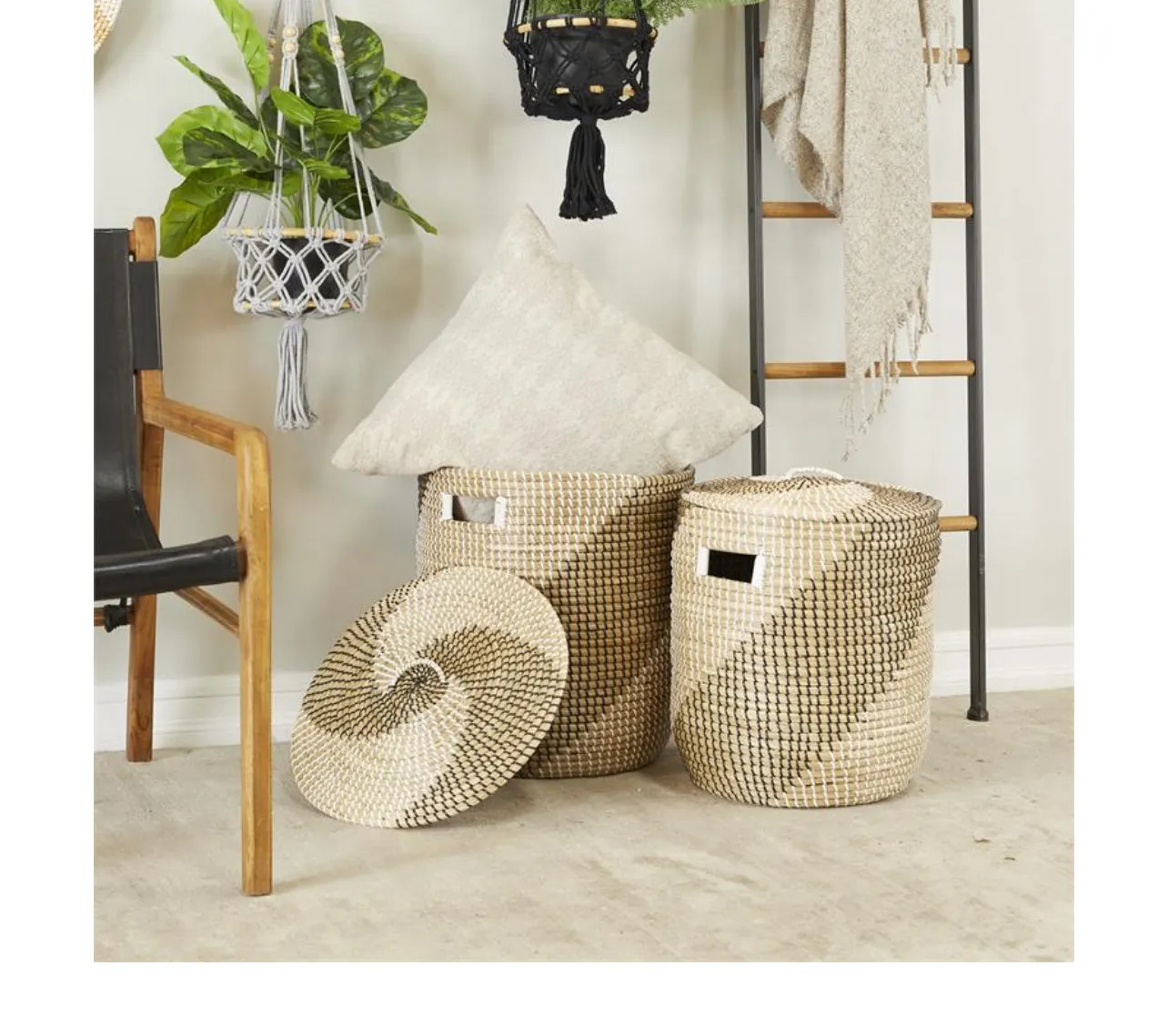 BROWN SEAGRASS HANDMADE TWO TONED STORAGE BASKET WITH MATCHING LIDS