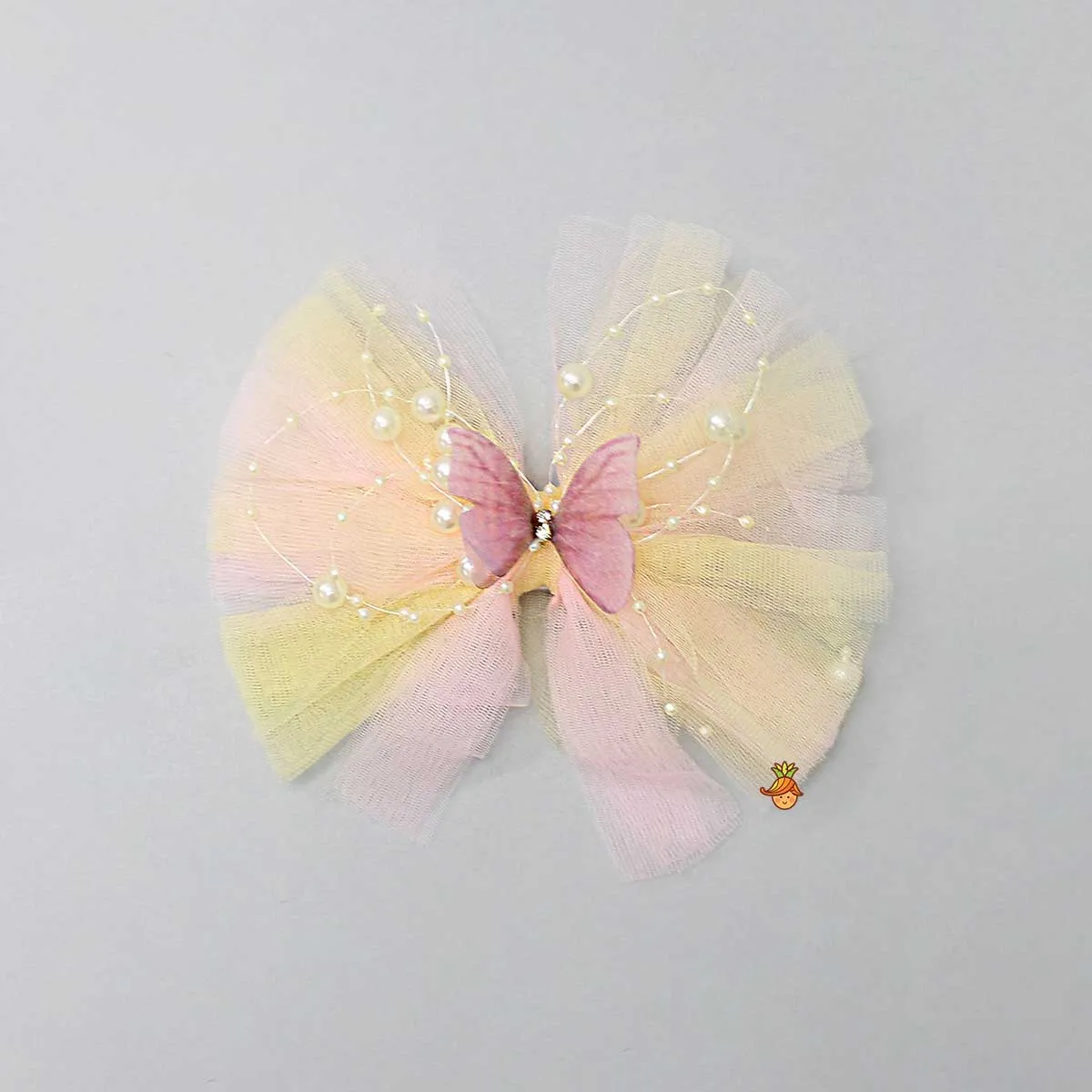 Butterfly Adorned Yellow And Pink Two Tone Frilly Hair Clip