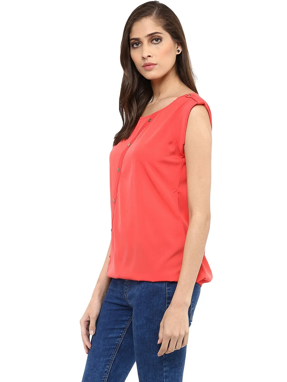 Coral Top With Fake Shoulder-Tab