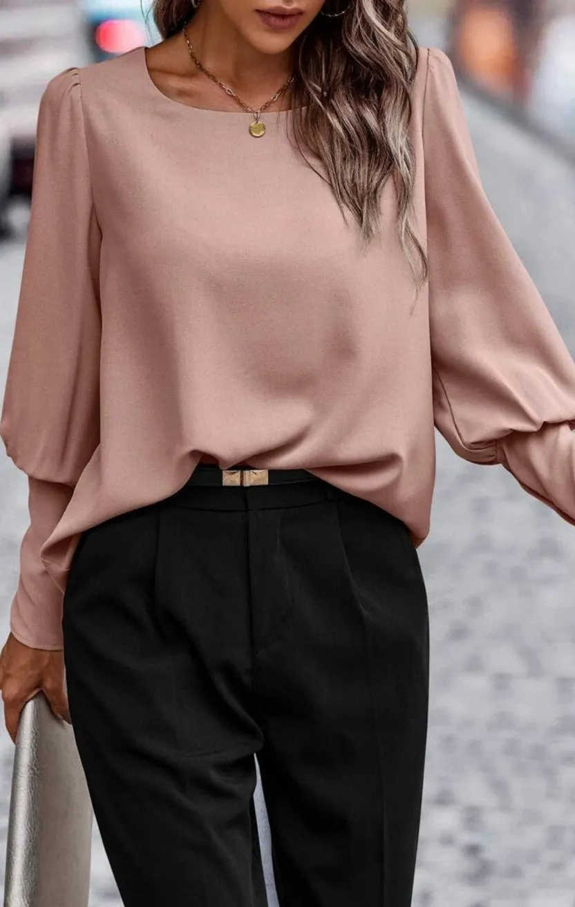 Dusty Pink Round Neck Lantern Sleeve Blouse