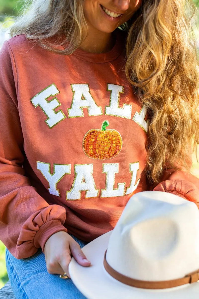 'Fall Y'all Sequin Pumpkin' Letter Patch Balloon Sleeve Crewneck