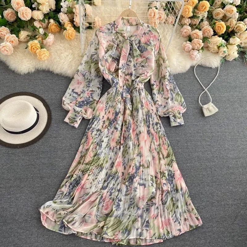 Floral Lantern Sleeve Chiffon Dress