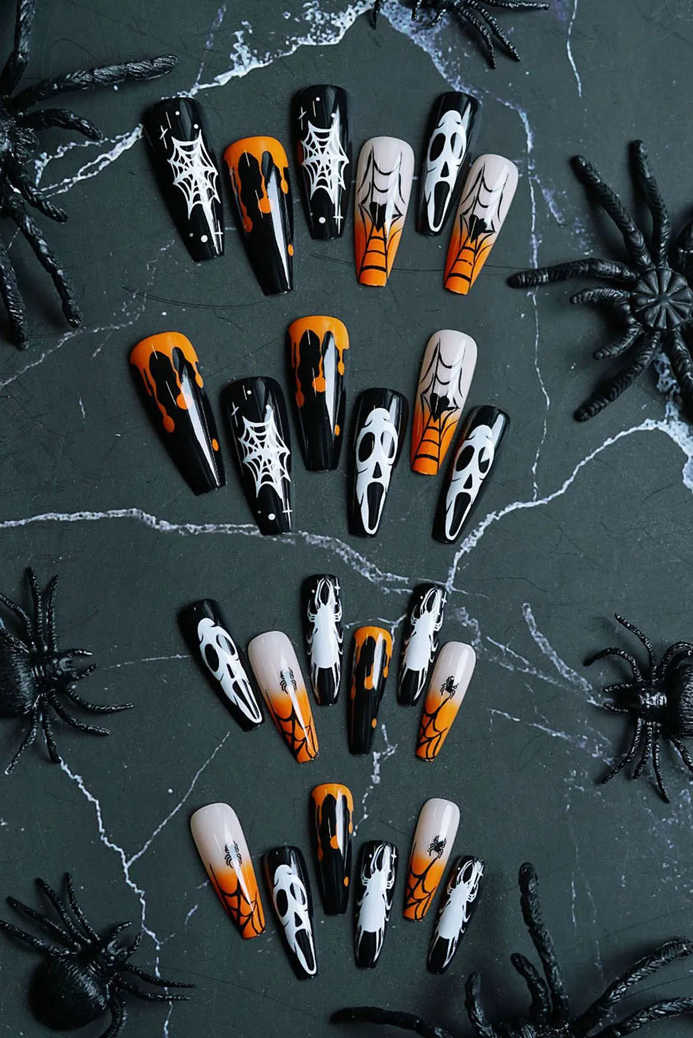 Halloween Orange Gradient Spider Web Ghost Fake Nails