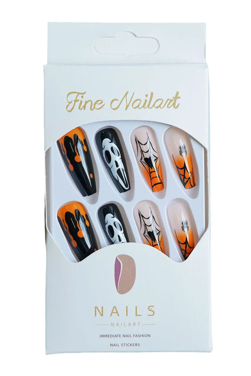 Halloween Orange Gradient Spider Web Ghost Fake Nails