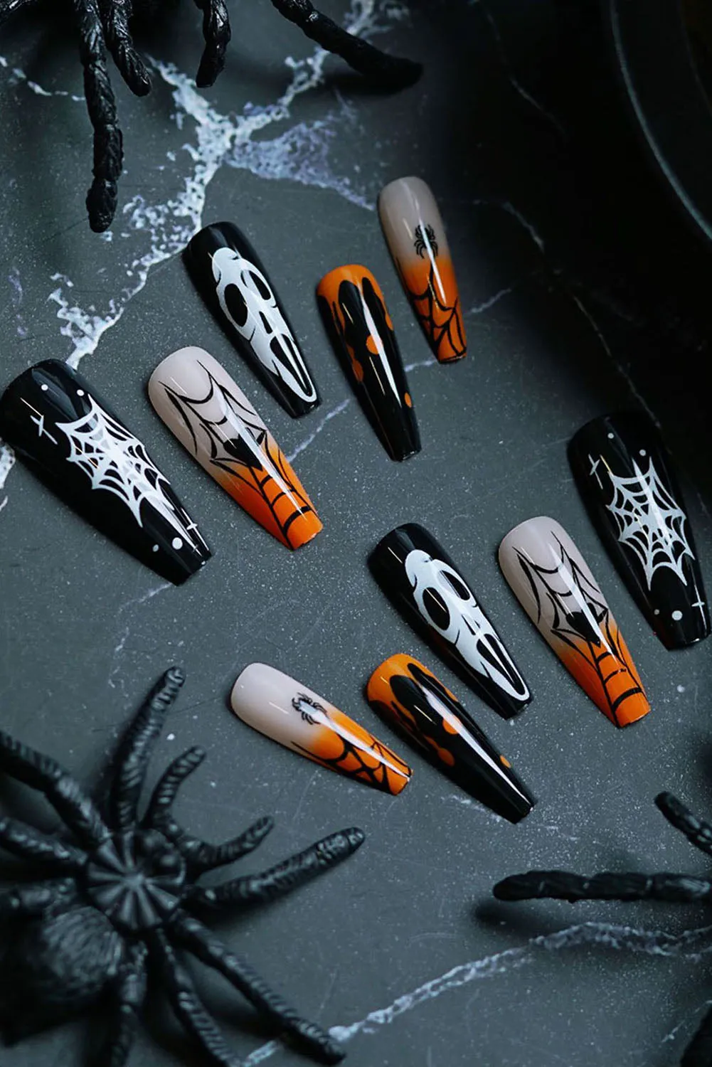 Halloween Orange Gradient Spider Web Ghost Fake Nails