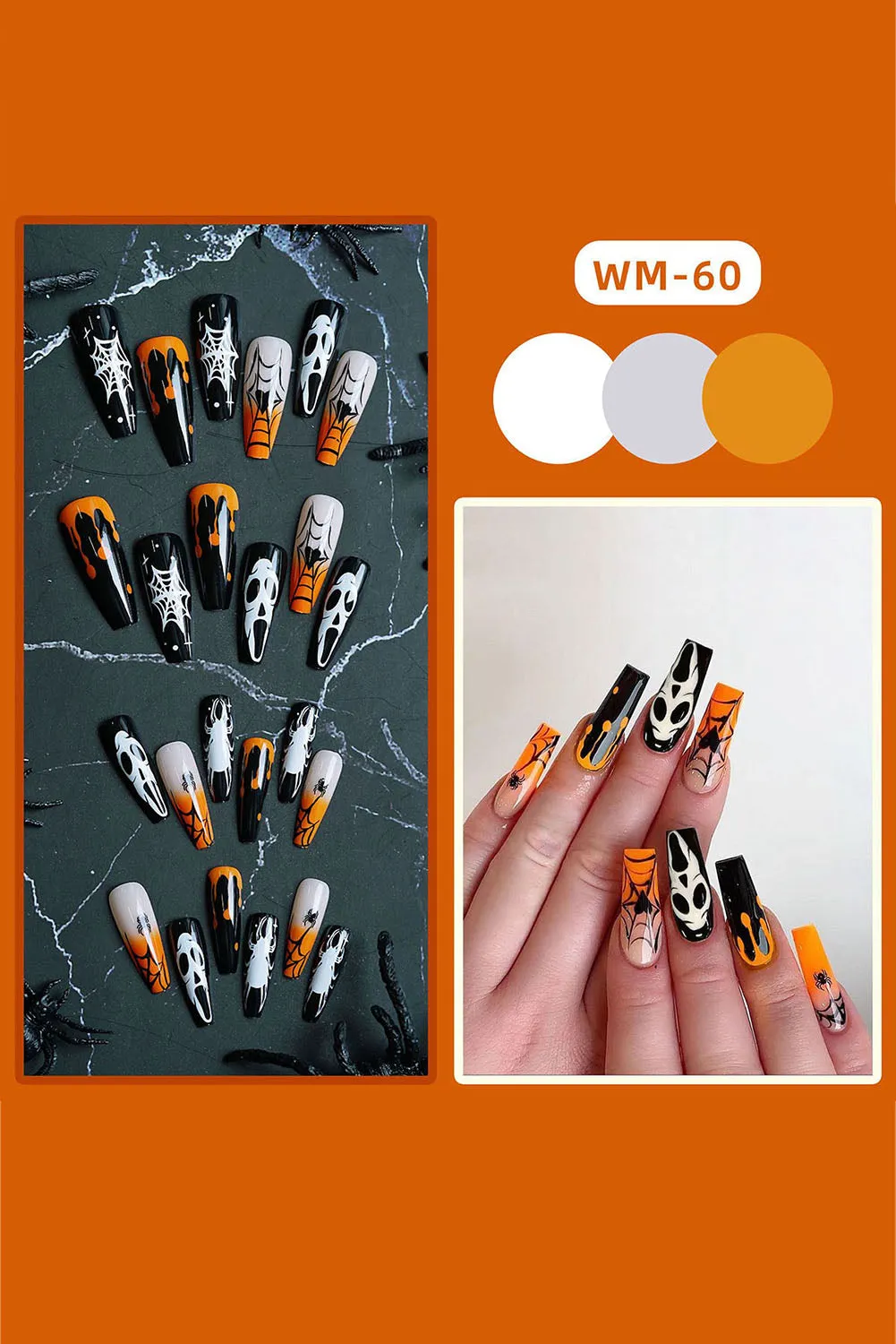 Halloween Orange Gradient Spider Web Ghost Fake Nails