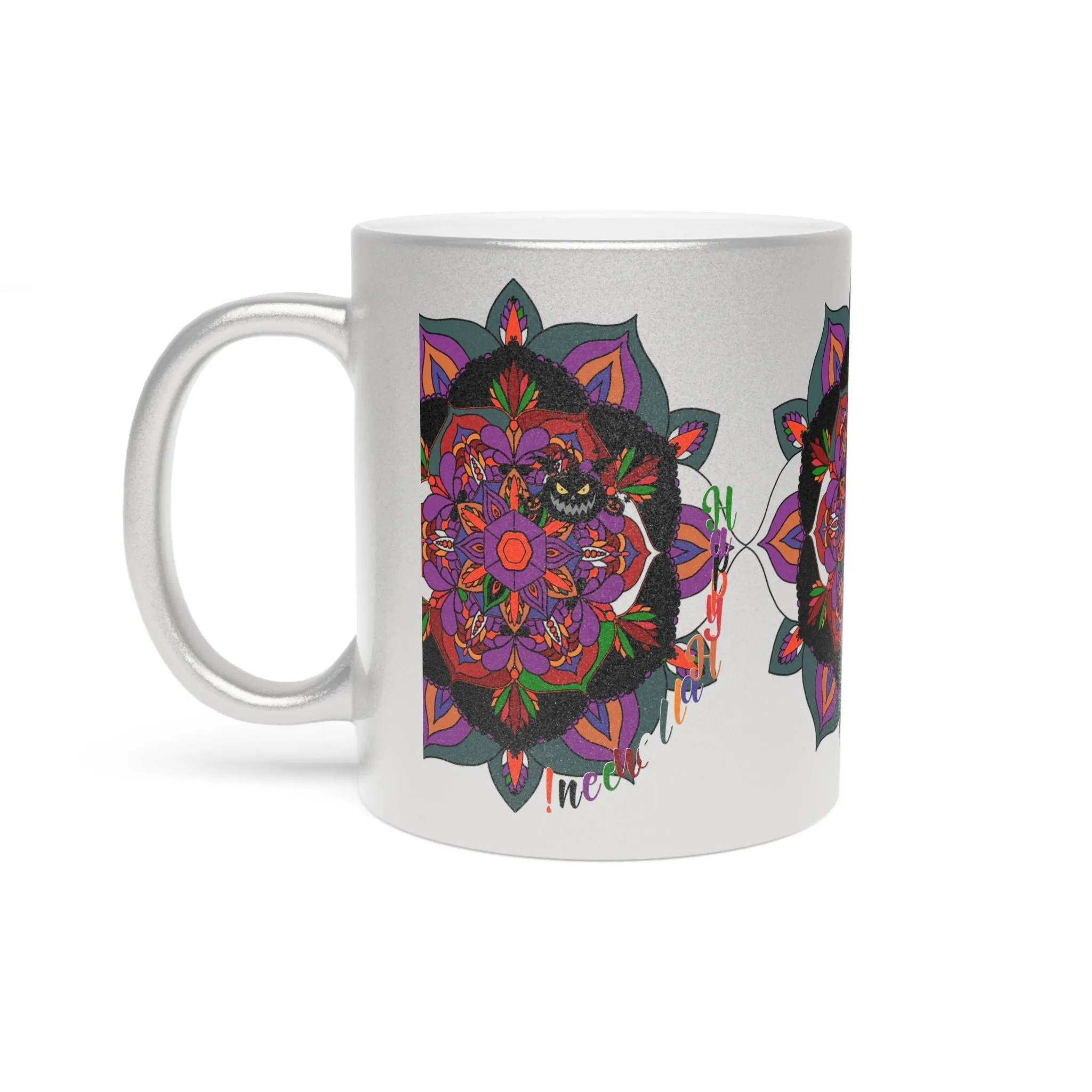 Handmade Mandala Metallic Mug - Pumpkin Mandala Design - Silver and Gold