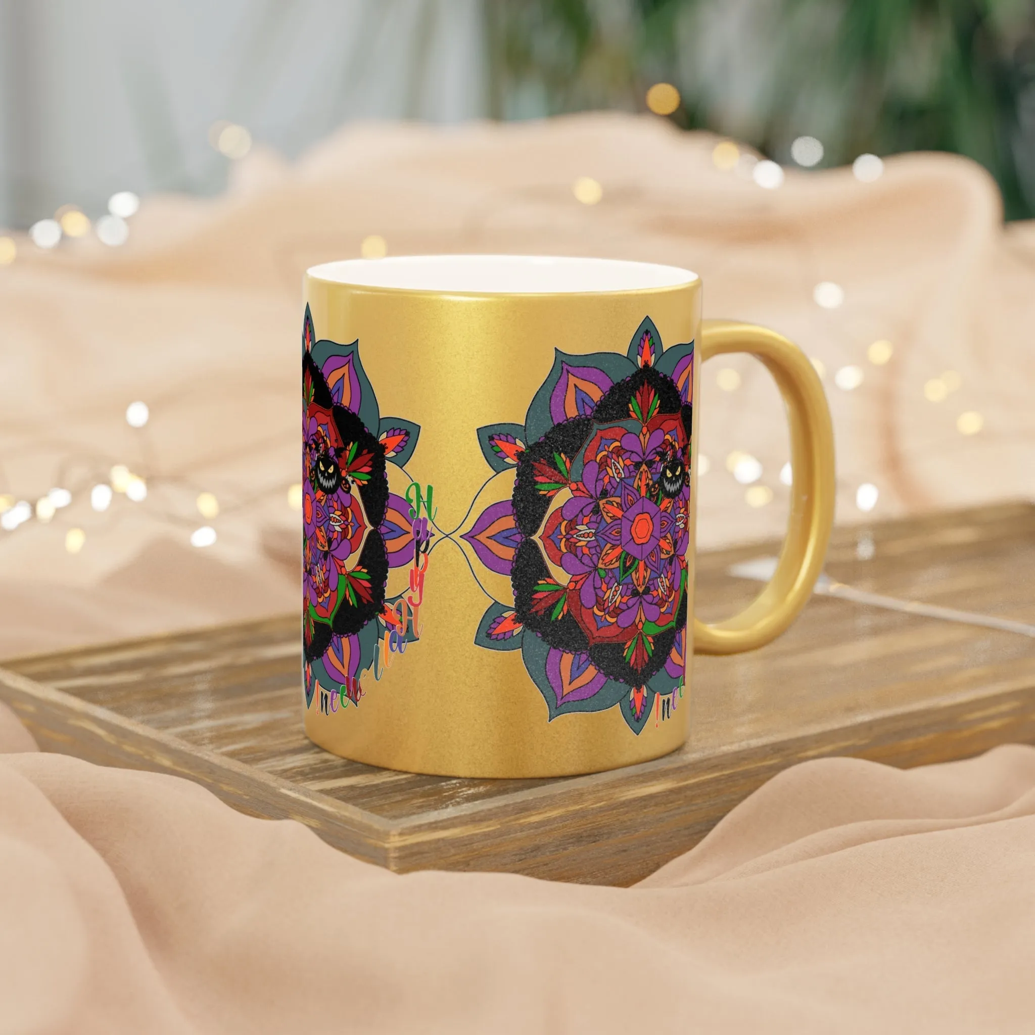 Handmade Mandala Metallic Mug - Pumpkin Mandala Design - Silver and Gold