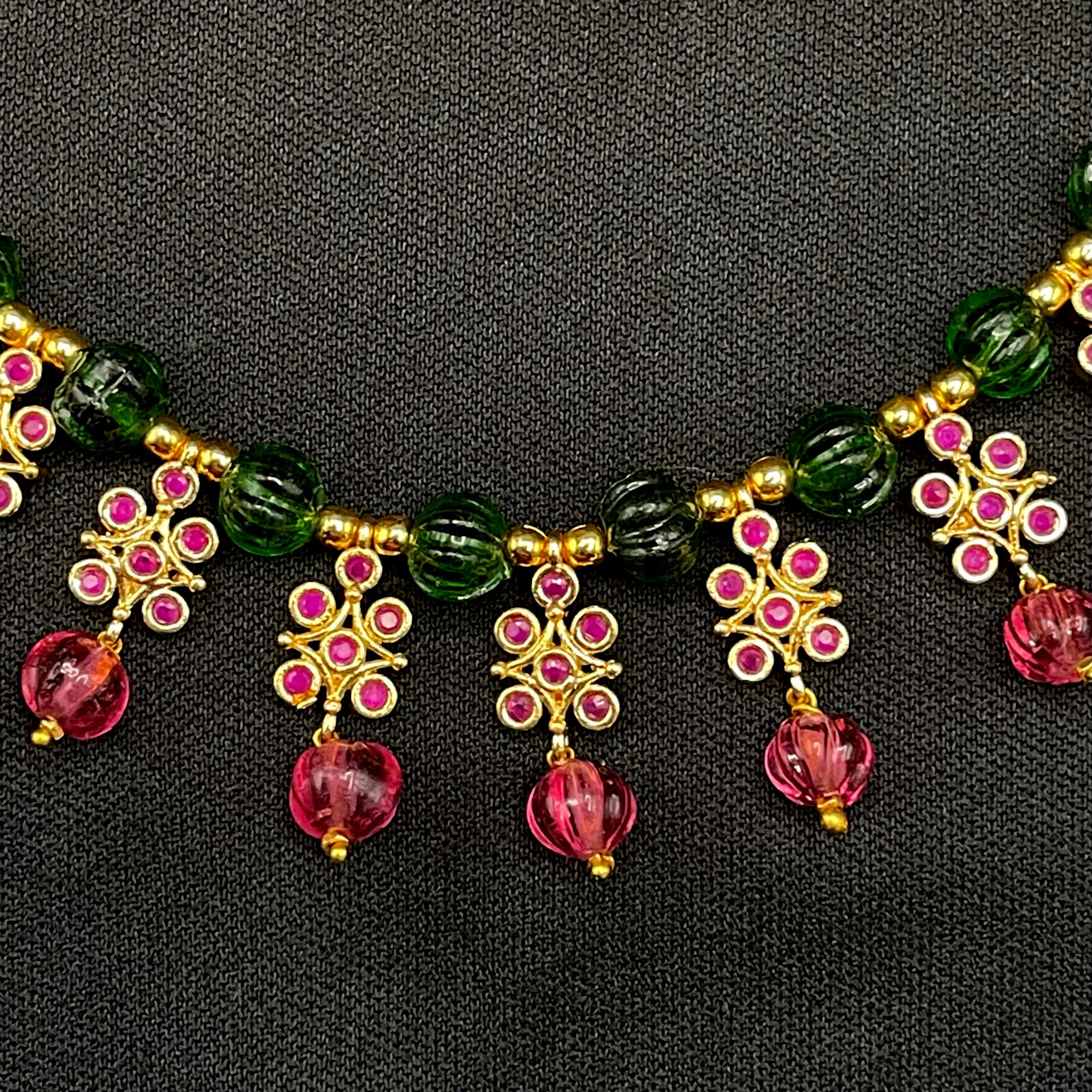 Handmade Ruby Pink and Green Pumpikin Beads AD Mala Necklace