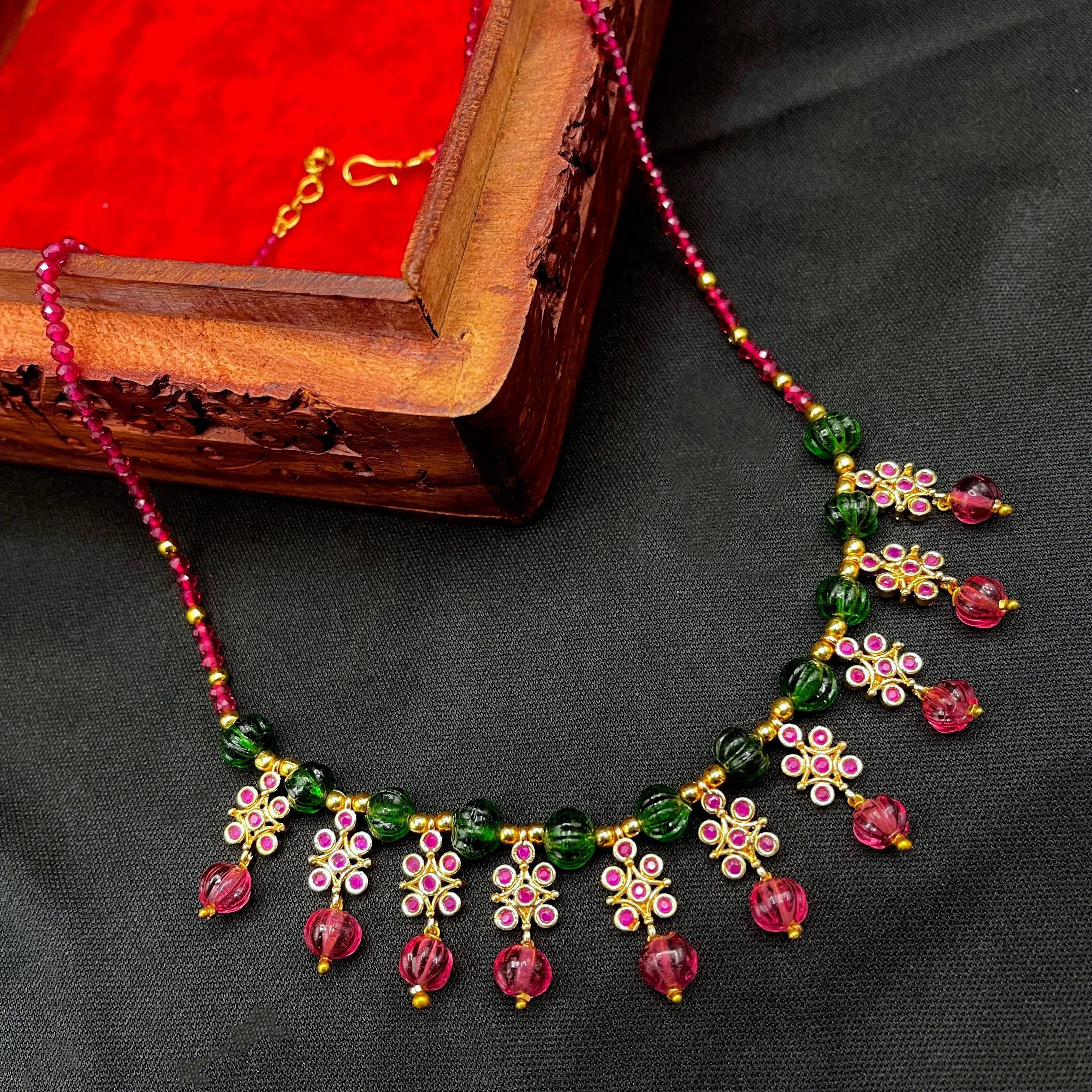 Handmade Ruby Pink and Green Pumpikin Beads AD Mala Necklace