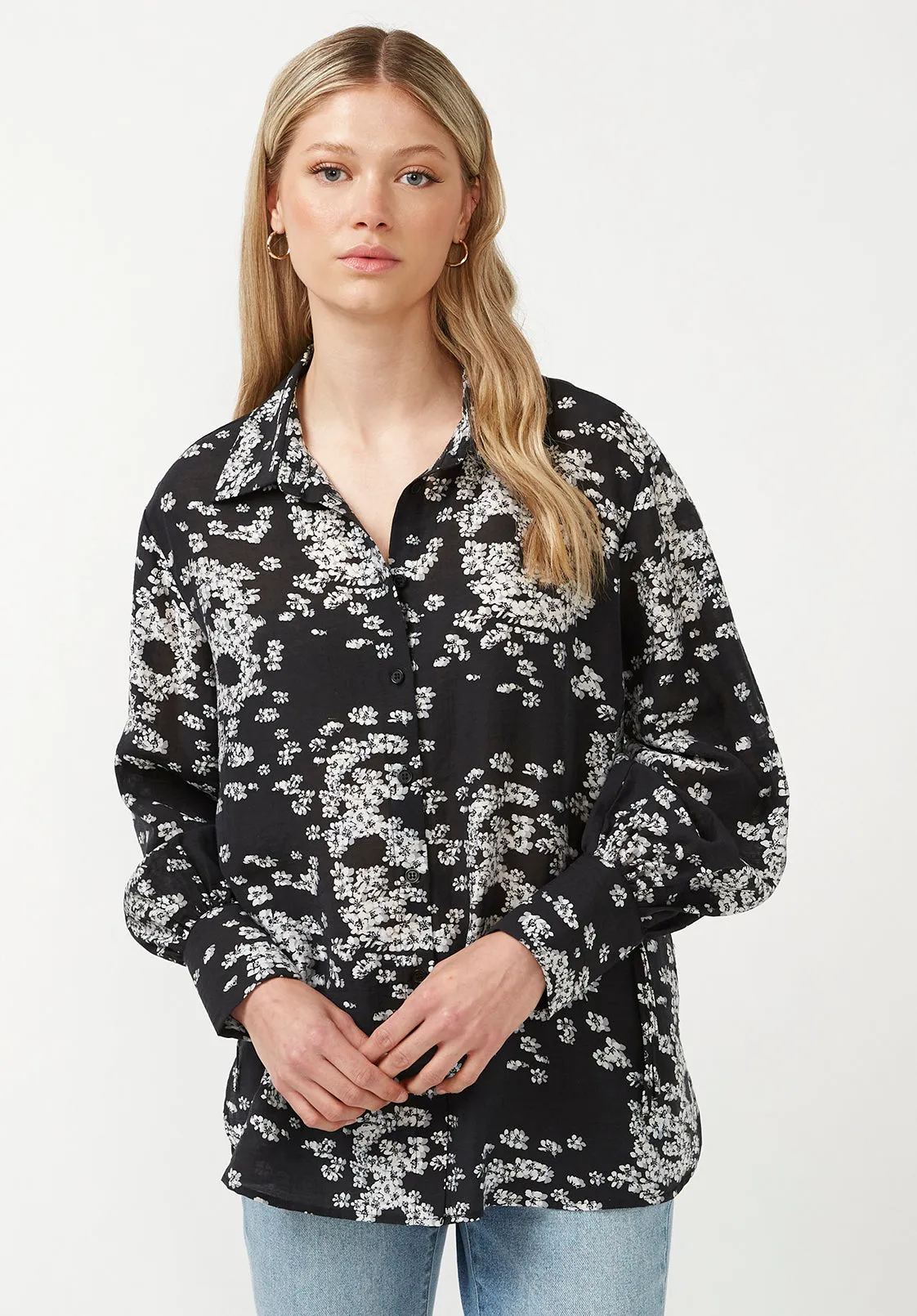 Hayley Women's Buttons Down Blouse in Black Floral Skull - WT0059F