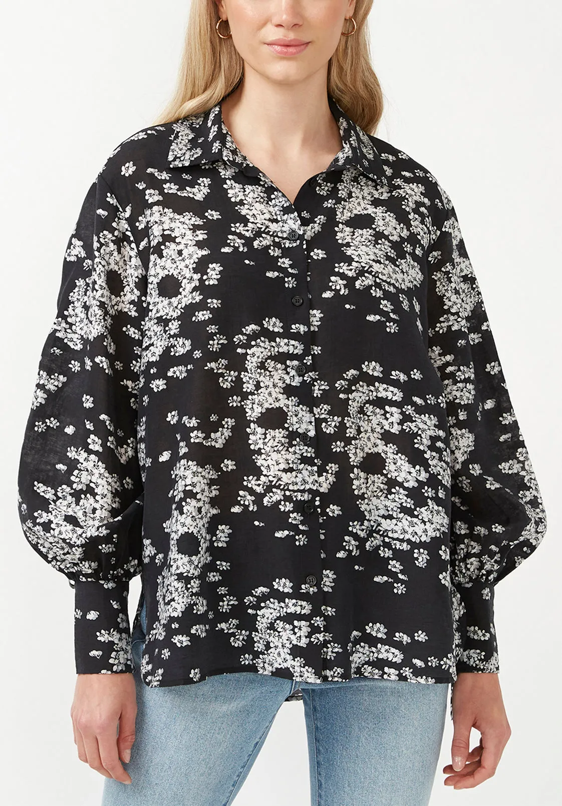 Hayley Women's Buttons Down Blouse in Black Floral Skull - WT0059F