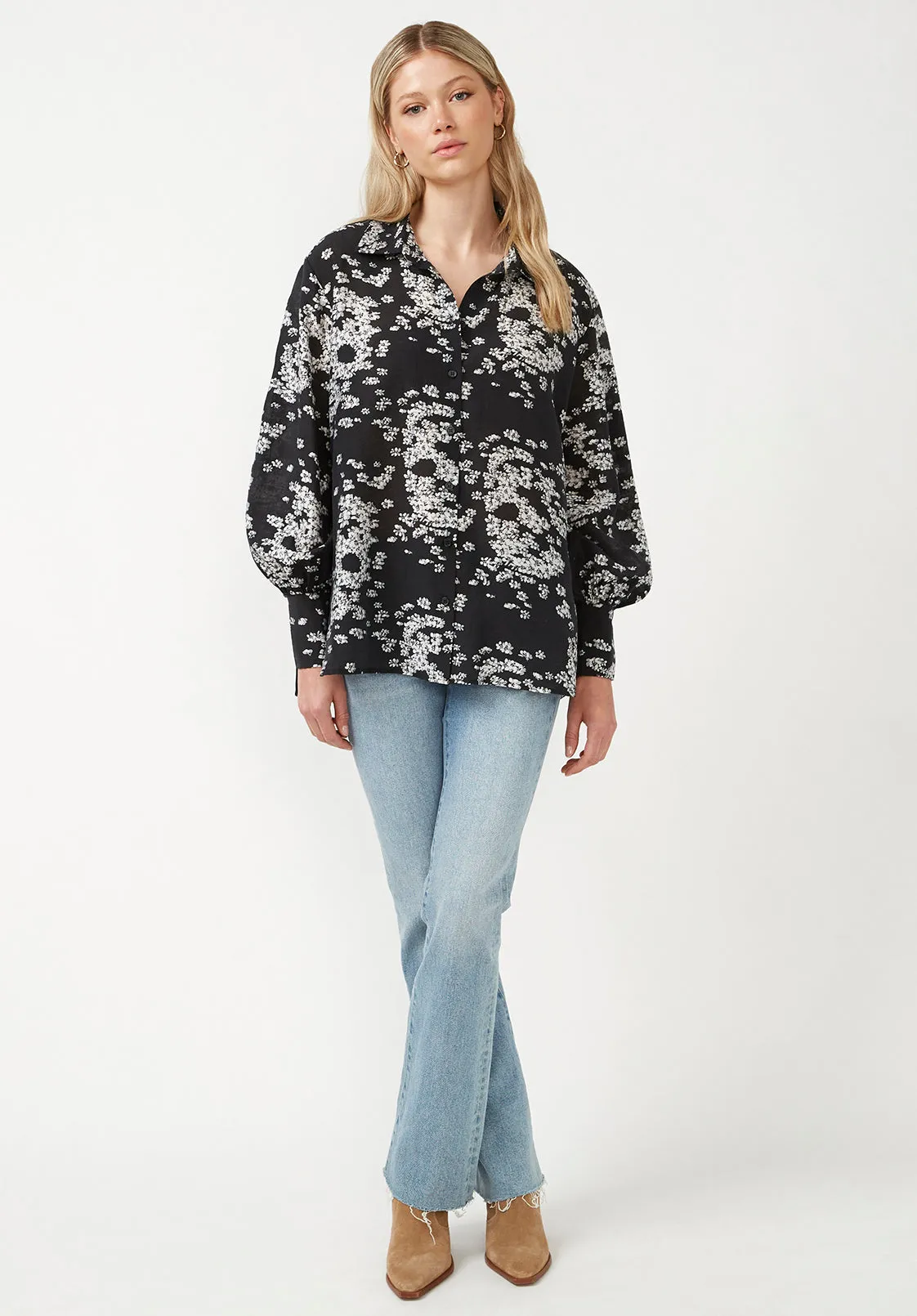 Hayley Women's Buttons Down Blouse in Black Floral Skull - WT0059F