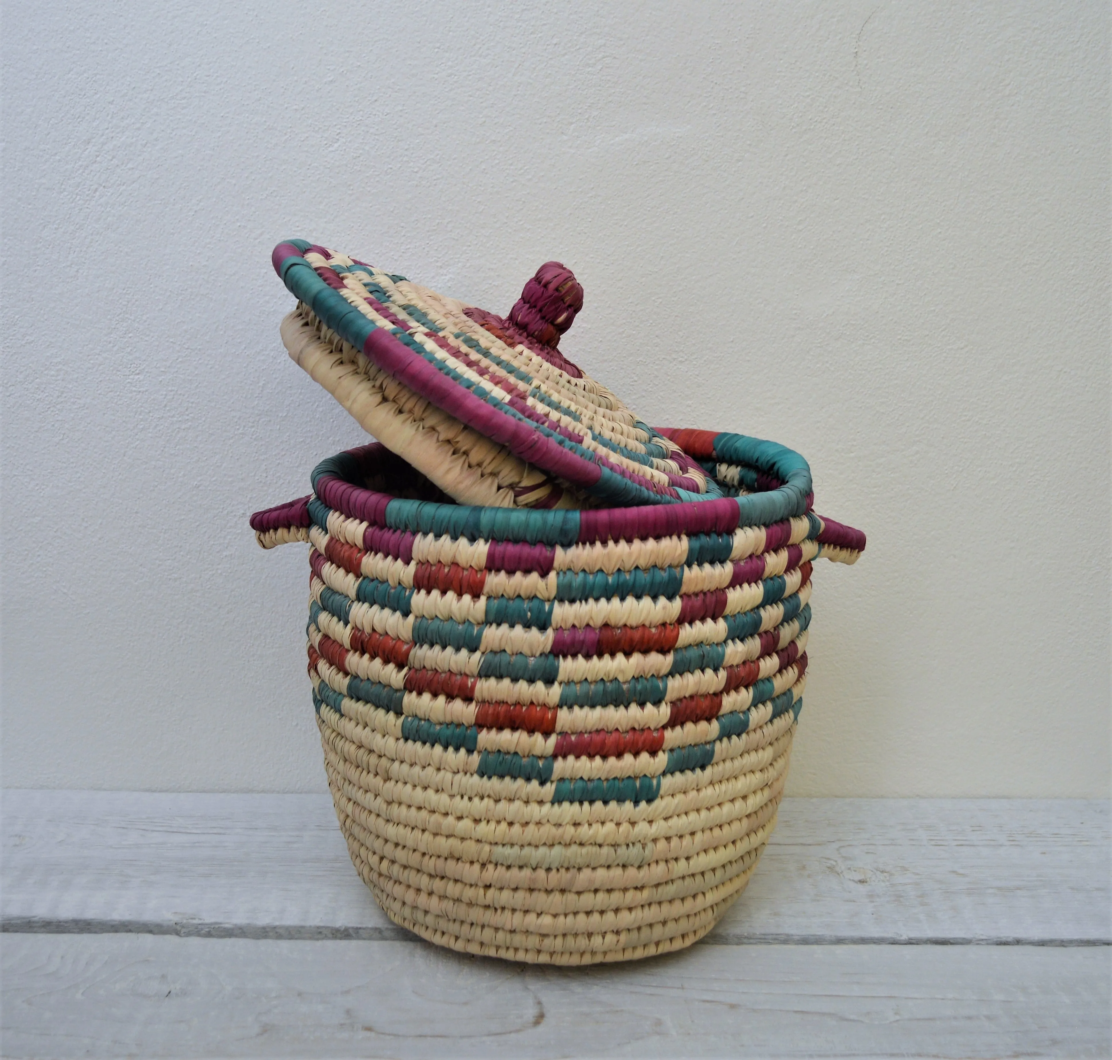 Large decorative palm leaf basket (red and green color)