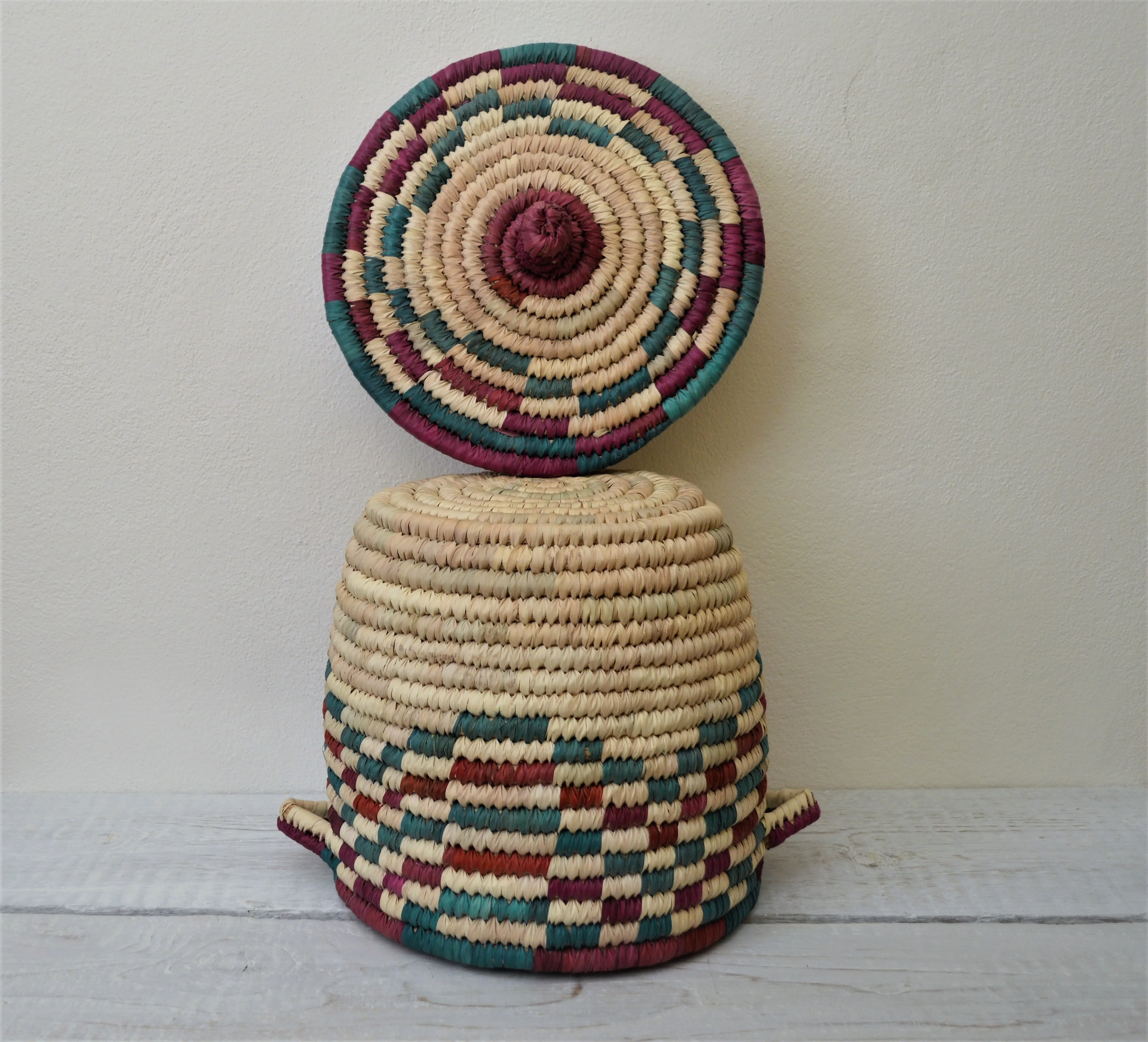 Large decorative palm leaf basket (red and green color)