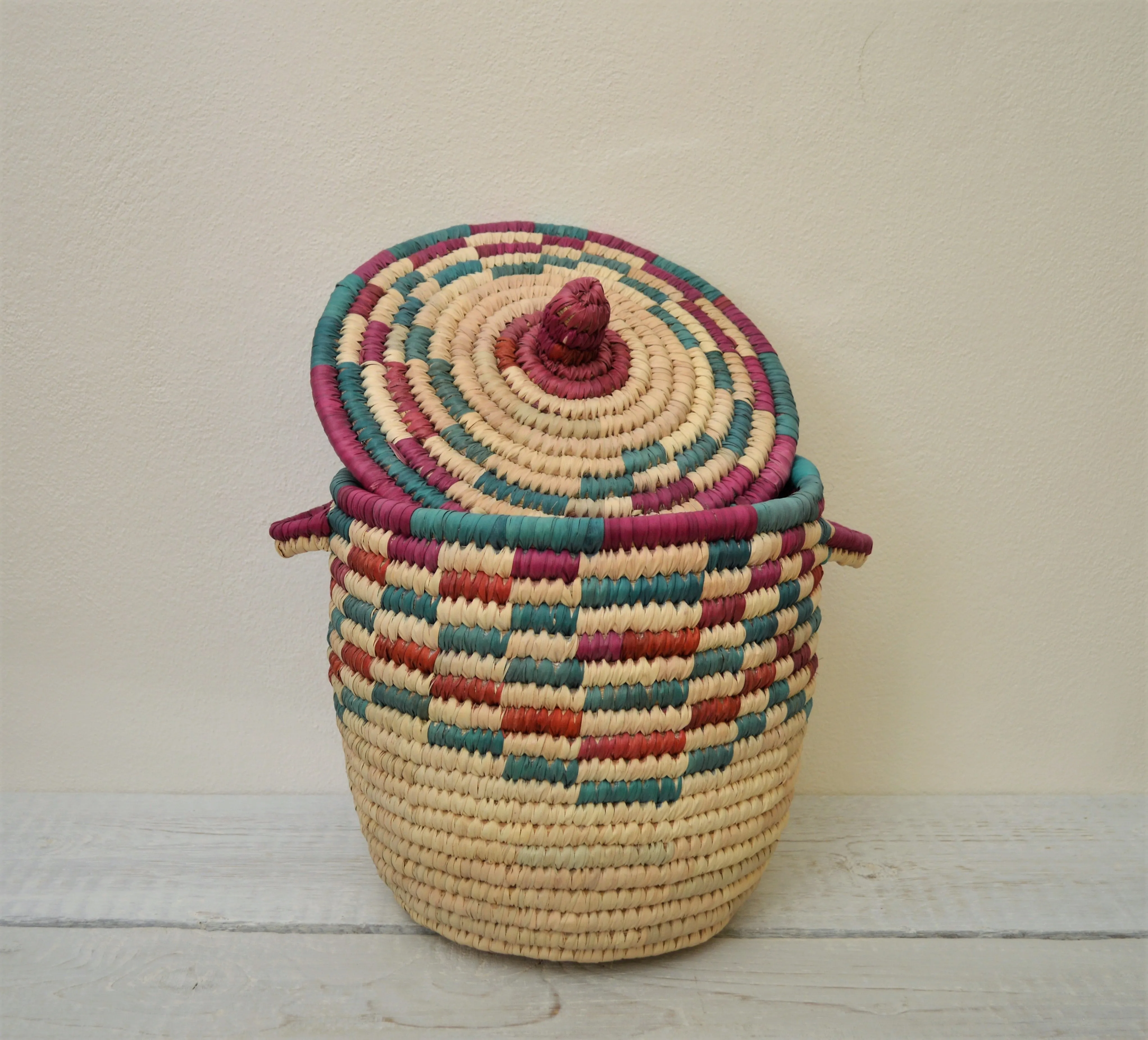 Large decorative palm leaf basket (red and green color)