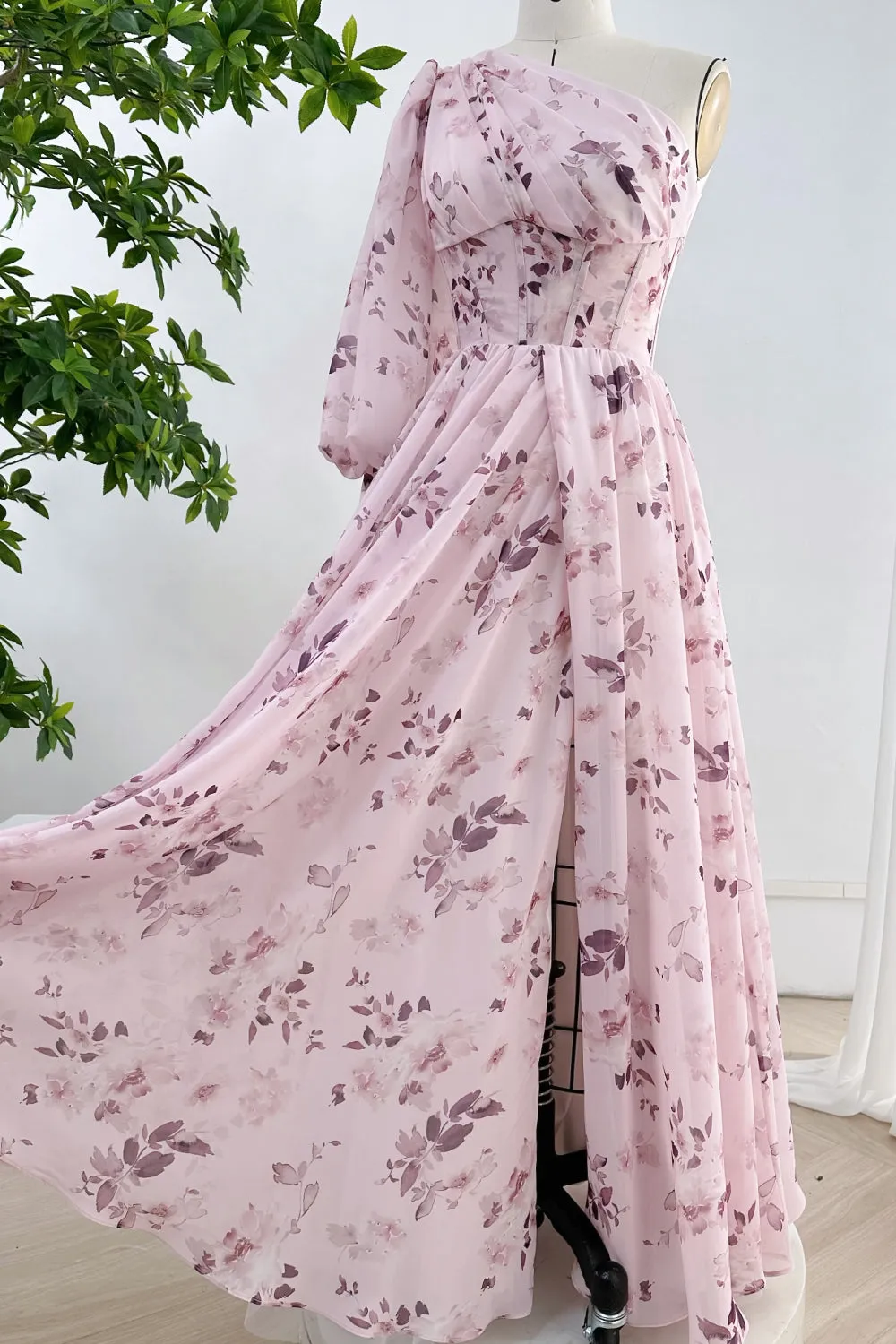 One Shoulder Long Sleeves Floral Print Chiffon Dress with Side Slit