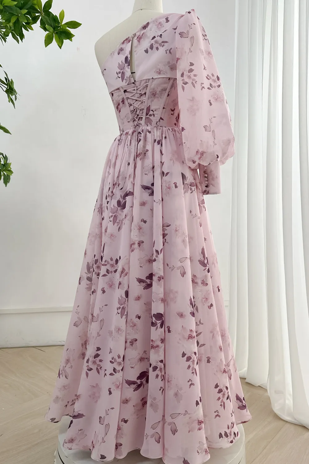 One Shoulder Long Sleeves Floral Print Chiffon Dress with Side Slit