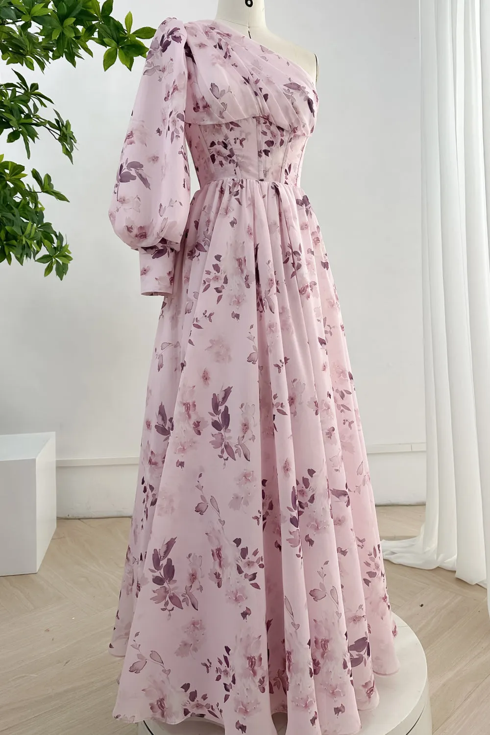 One Shoulder Long Sleeves Floral Print Chiffon Dress with Side Slit