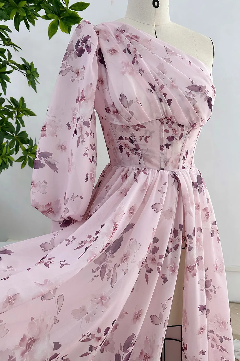 One Shoulder Long Sleeves Floral Print Chiffon Dress with Side Slit