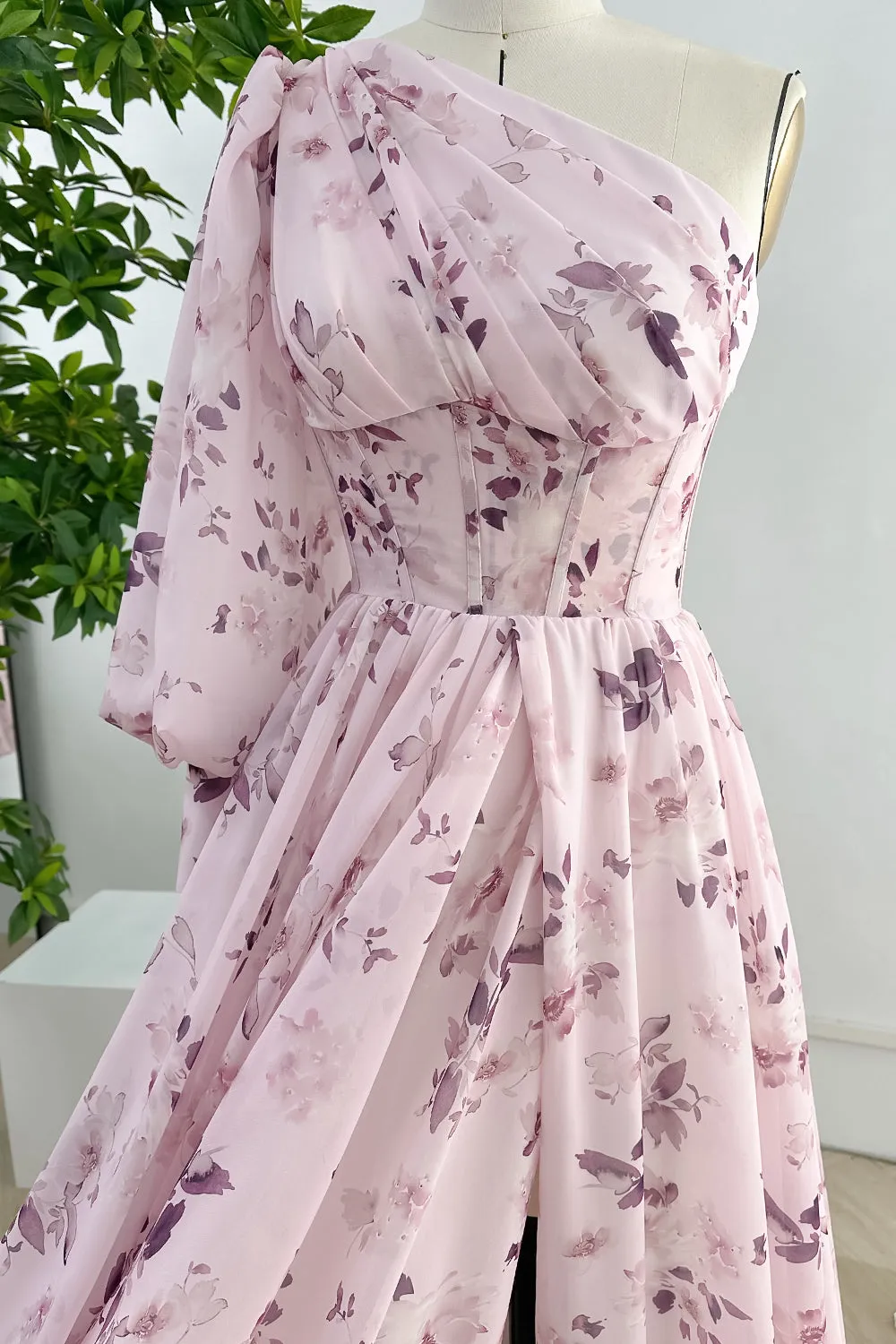 One Shoulder Long Sleeves Floral Print Chiffon Dress with Side Slit